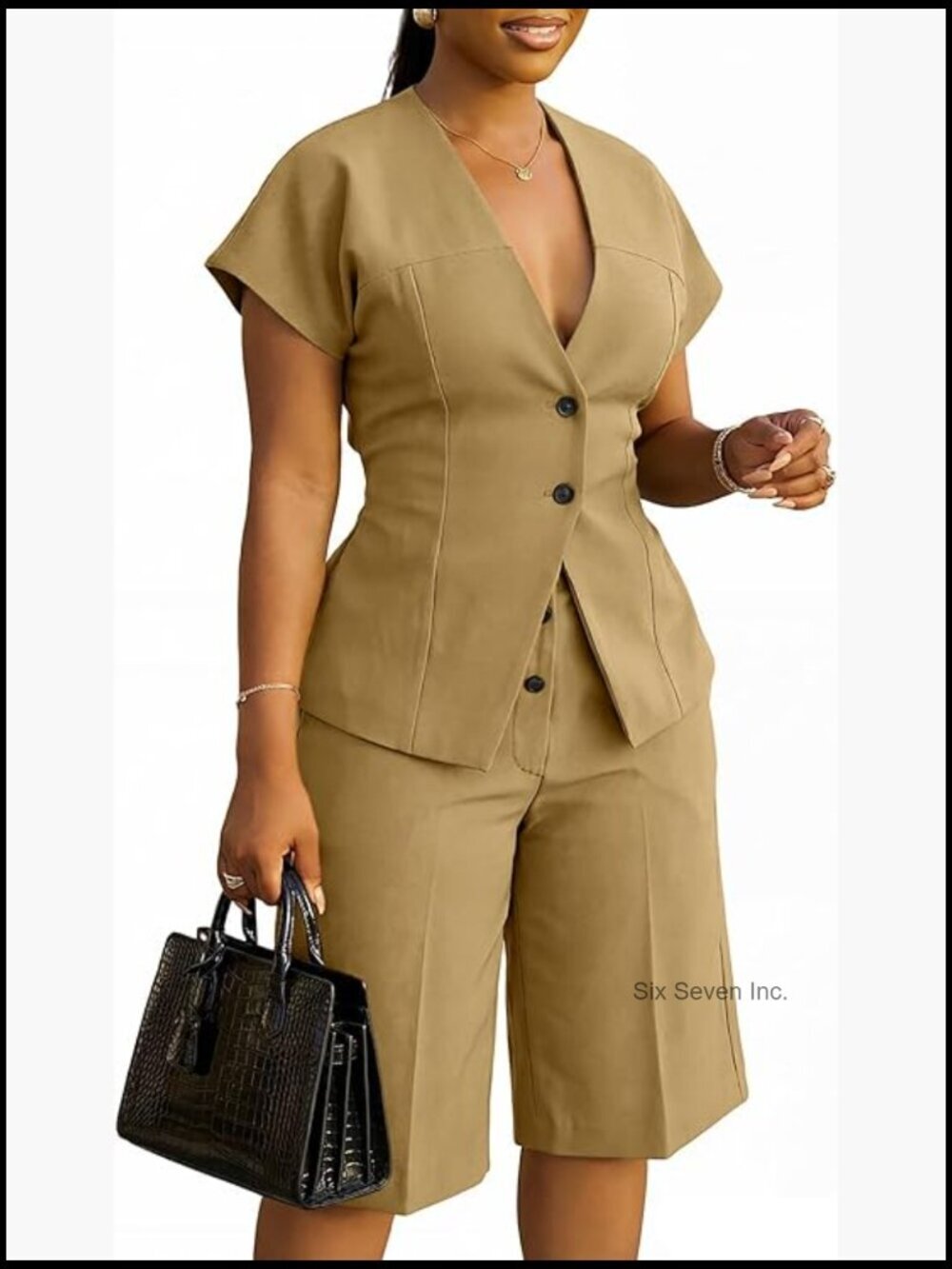 Women's 2 Piece Suit Set Short Sleeve Blazer Wide Leg Pants Business Casual